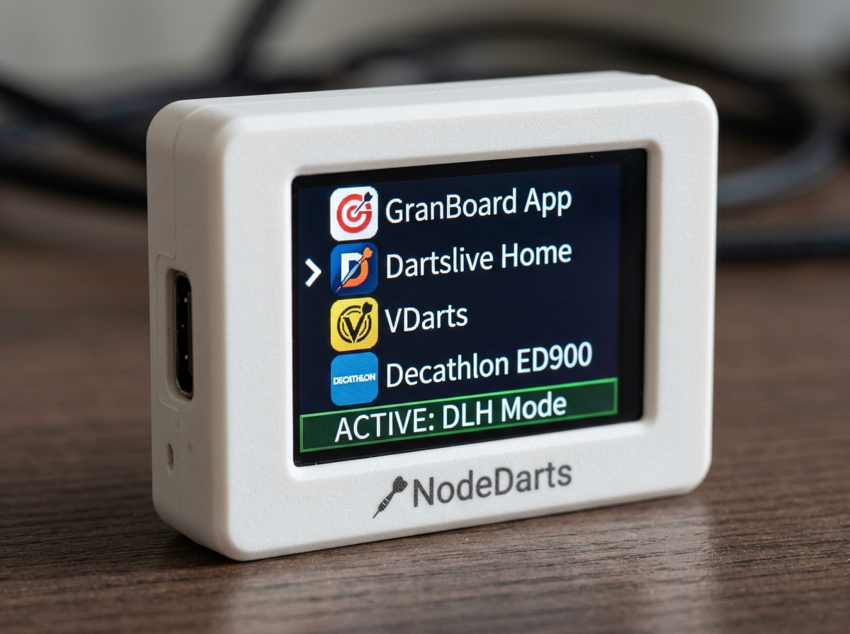 Primer plano de la pantalla del NodeDarts mostrando el menú de apps