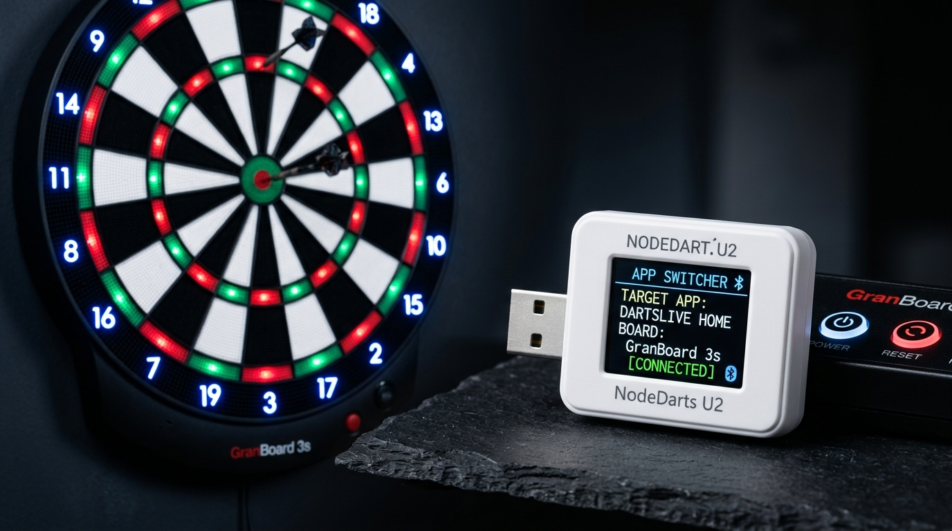 Dongle NodeDarts junto a una diana GranBoard 3s mostrando conexión activa